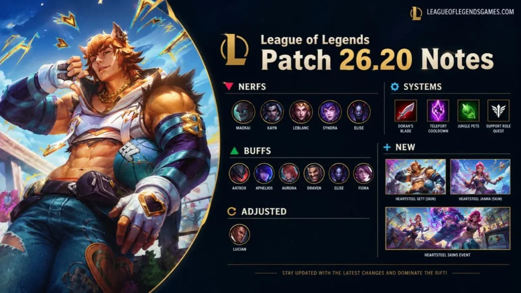 League of Legends Patch 26.20 Notes: Worlds Changes, Champion Buffs, Nerfs, Classic & Arena